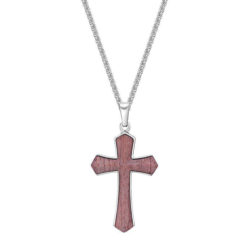 Mens LYNX Stainless Steel & Babinga Wood Cross Pendant Necklace Brown Product Image