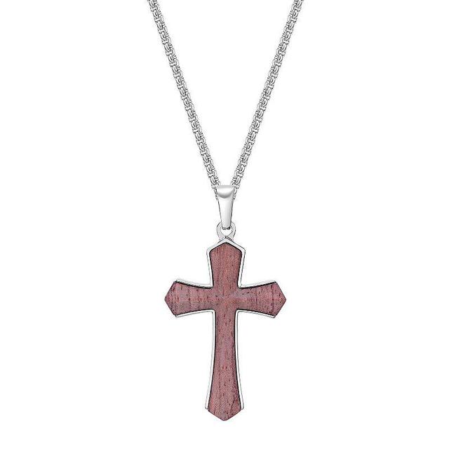 Mens LYNX Stainless Steel & Babinga Wood Cross Pendant Necklace Brown Product Image