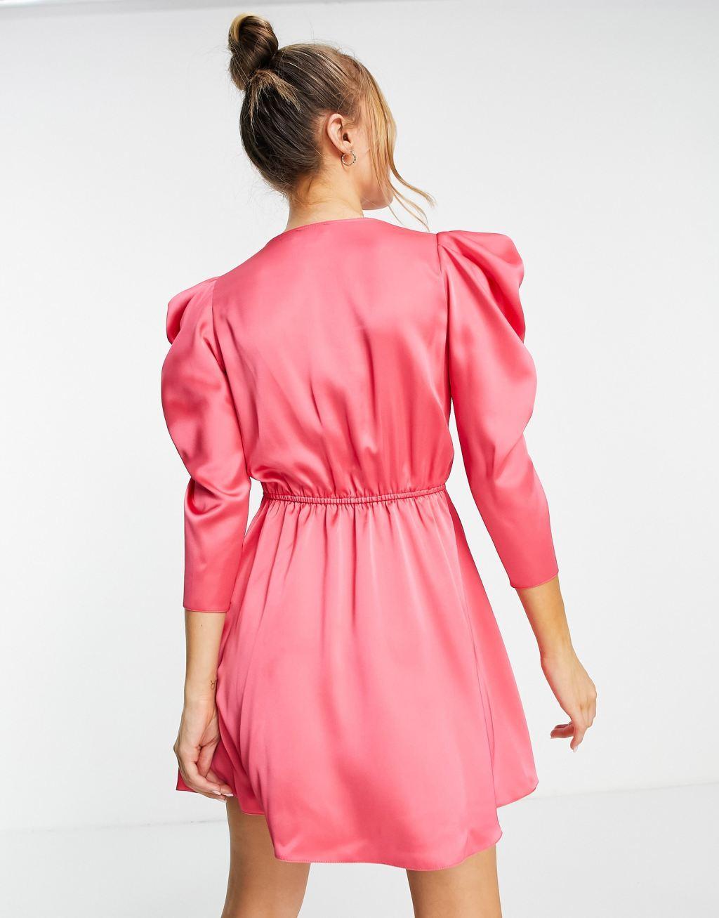 Miss Selfridge satin plunge mini dress in hot pink Product Image