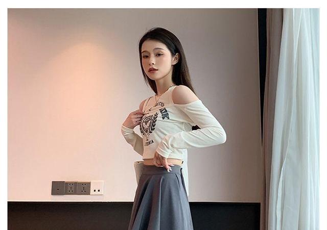 High Waist Plain Asymmetrical Midi A-Line Skirt Product Image