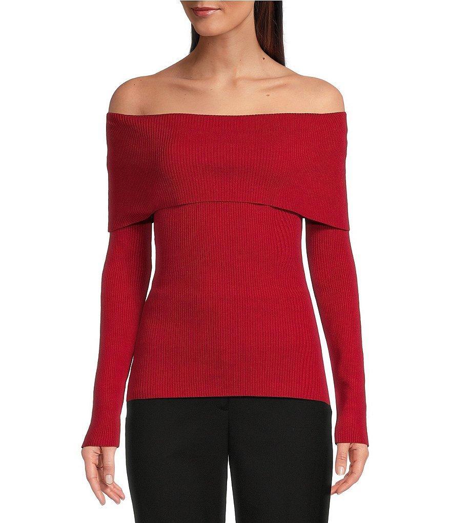 Alex Marie Whitney Ribbed Knit Folded Off-the-Shoulder Long Sleeve Sweater Product Image