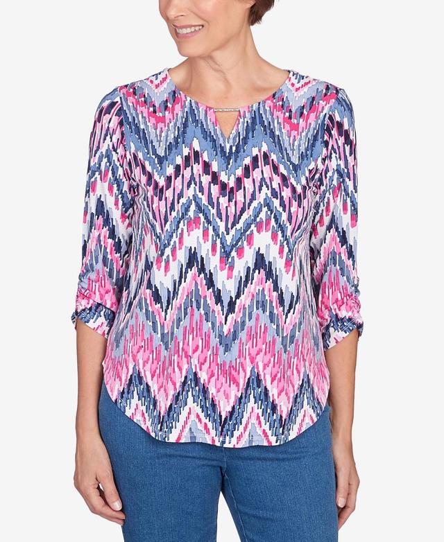 Alfred Dunner Petite Classic Puff Print Ikat Chevron Split Neck Top Product Image