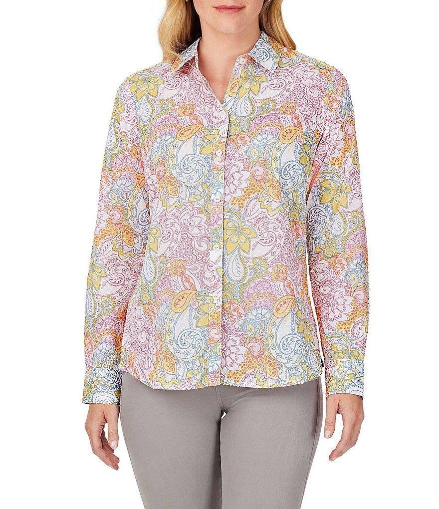 Foxcroft Ava Cotton Clip Dot Paisley Print Point Collar Long Sleeve Button Front Shirt Product Image