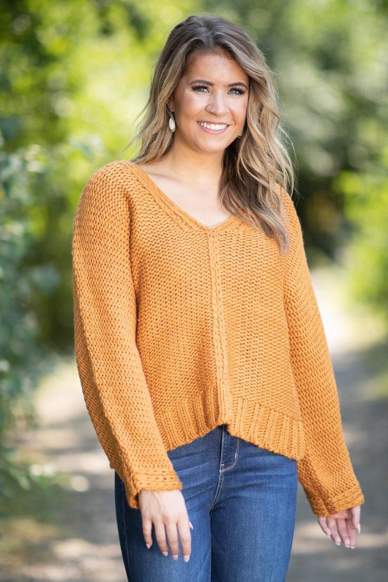 Mustard Front Seam V-Neck Sweater Product Image