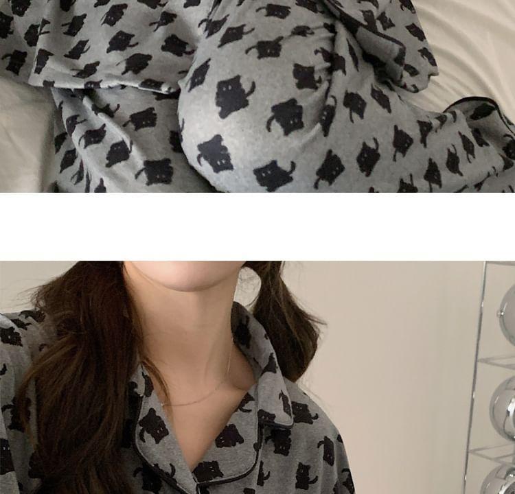 Pajama Set: Cat Print Pocket Detail Shirt + Pants Product Image