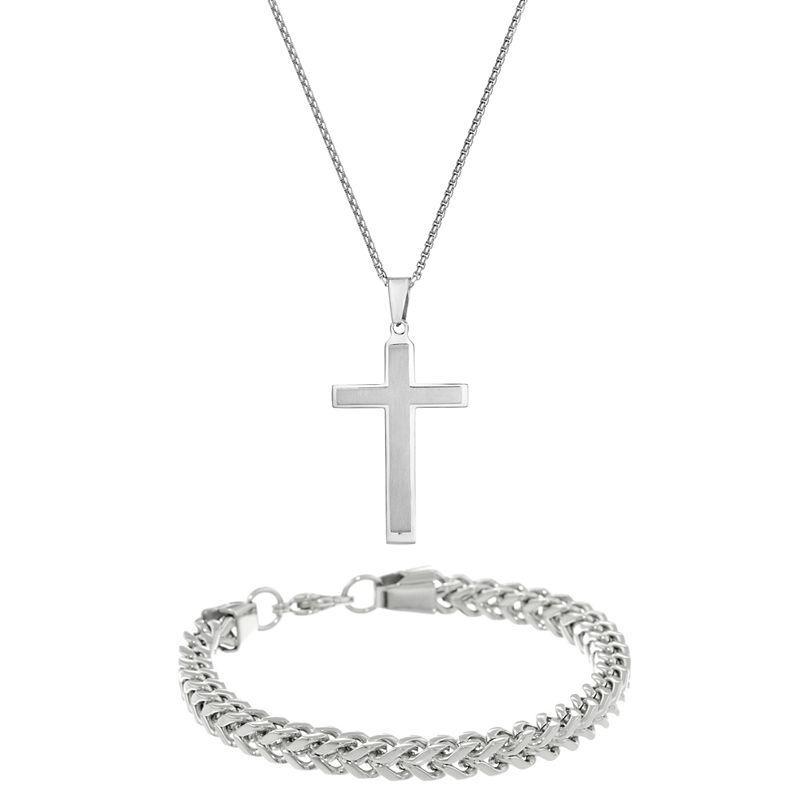 Mens LYNX Stainless Steel Cross & Chain Bracelet Set Grey Product Image