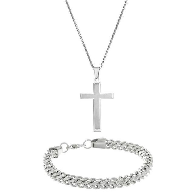 Mens LYNX Stainless Steel Cross & Chain Bracelet Set Silver Product Image