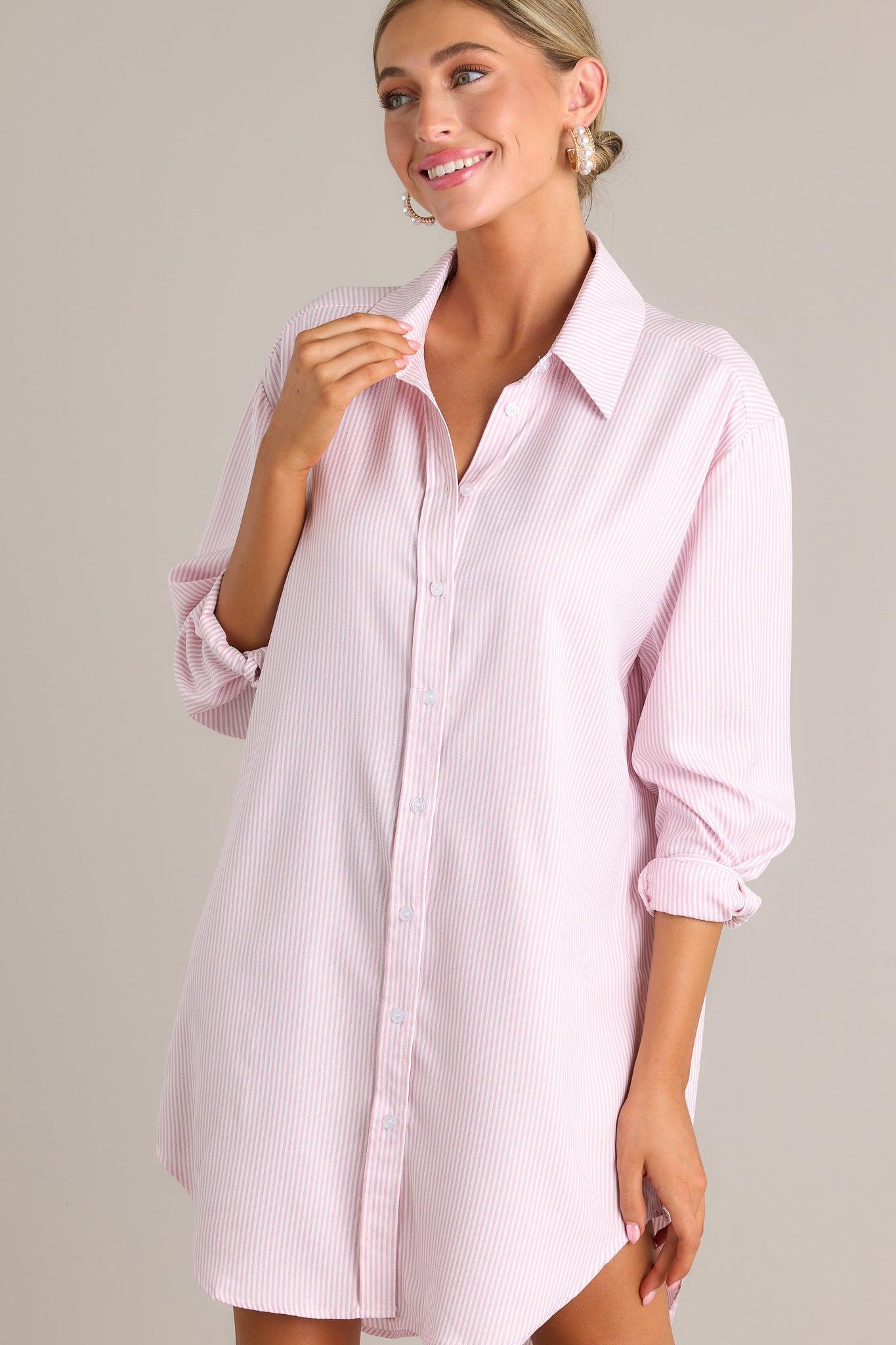 My Everything Pink Stripe Button Front Shirt Dress Product Image