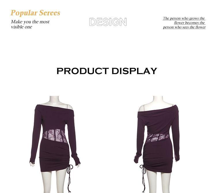 Long-Sleeve One-Shoulder Plain Lace Panel Drawstring Mini Sheath Dress Product Image