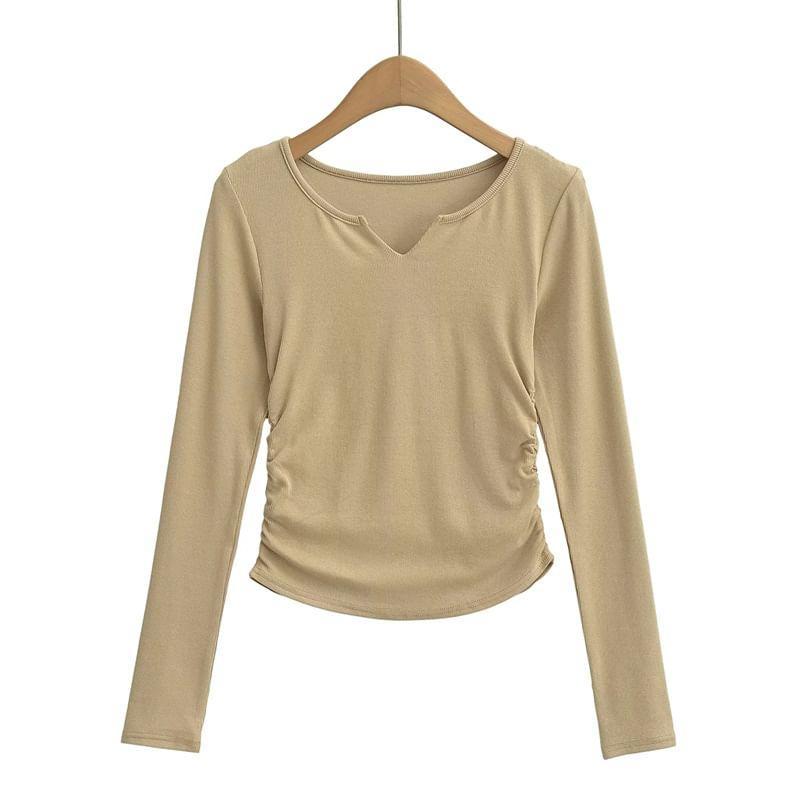 Long Sleeve Notch Neck Plain Ruched T-Shirt Product Image