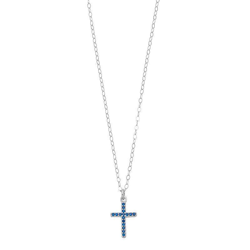 Aleure Precioso Sterling Silver Lab-Created Gemstone Cross Pendant Necklace, Womens Sterling Silver Blue Product Image