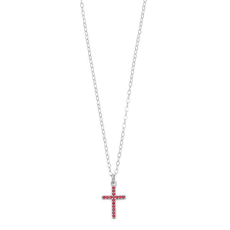 Aleure Precioso Sterling Silver Lab-Created Gemstone Cross Pendant Necklace, Womens Sterling Silver Red Product Image