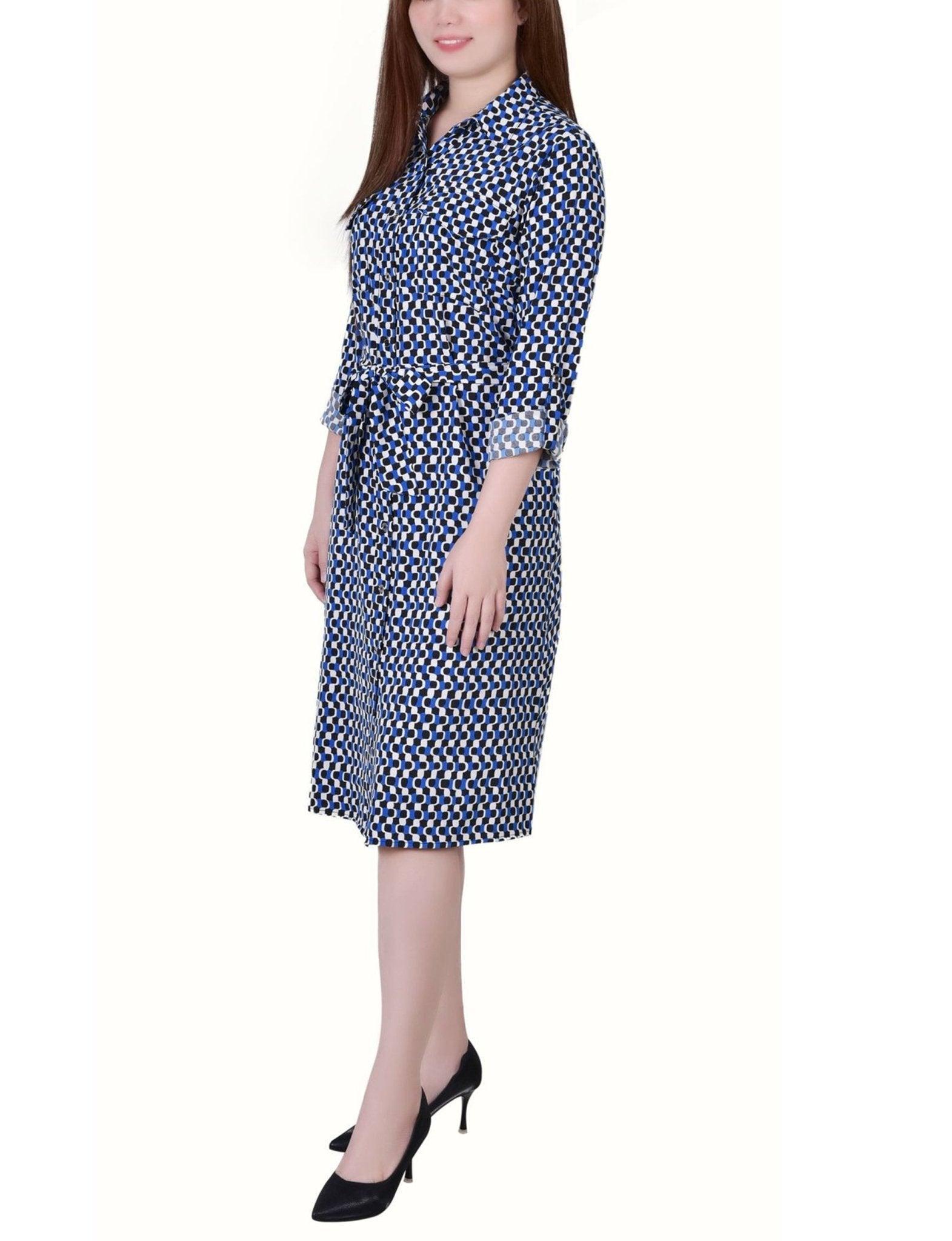 3/4 Roll Tab Sleeve Belted Shirtdress - Petite Product Image