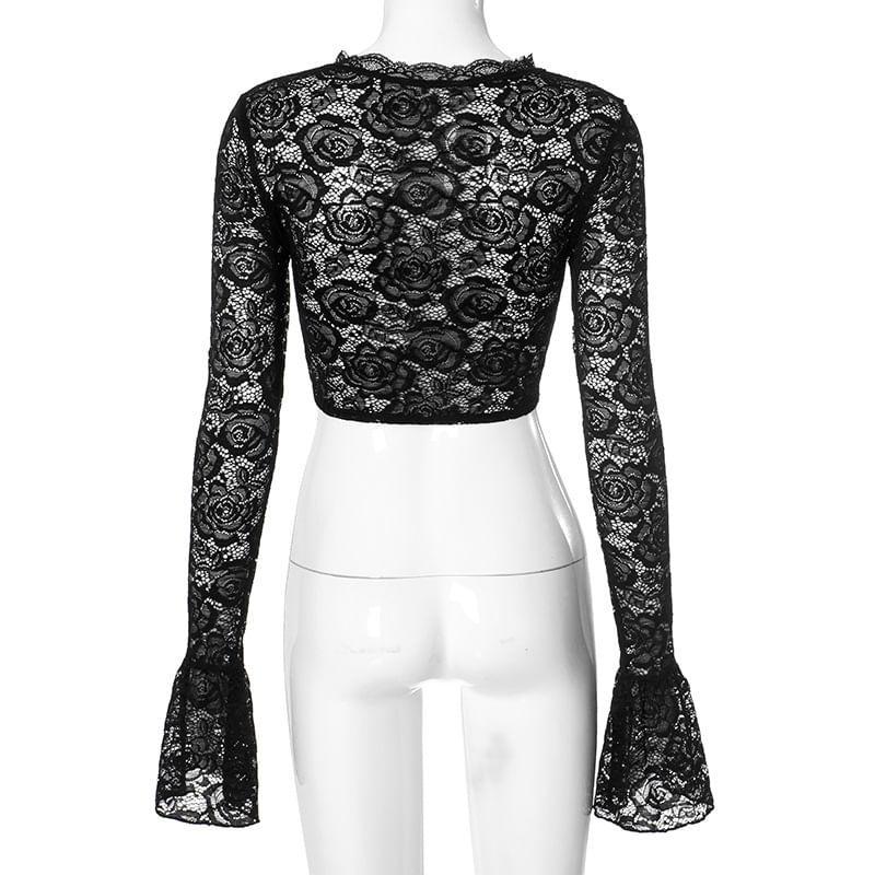 Flared-Sleeve Crew Neck Floral Lace Crop Top Product Image