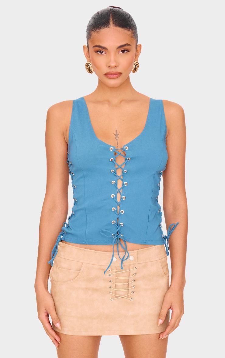 Dark Blue Stretch Woven Lace Up Long Top Product Image