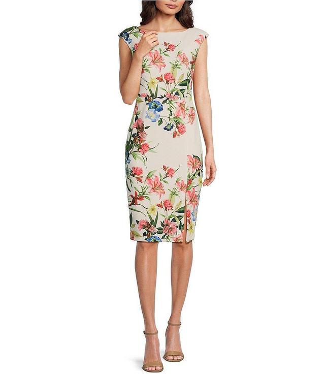 Eliza J Stretch Scuba Crepe Floral Boat Neck Cap Sleeve Knee Length Sheath Dress Product Image