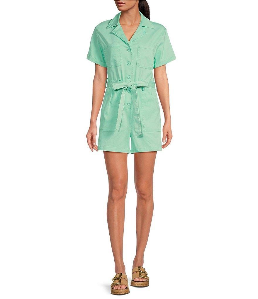 Skies Are Blue Washed Cotton Twill Notch Collar Short Sleeve Button Front Belted Romper Product Image