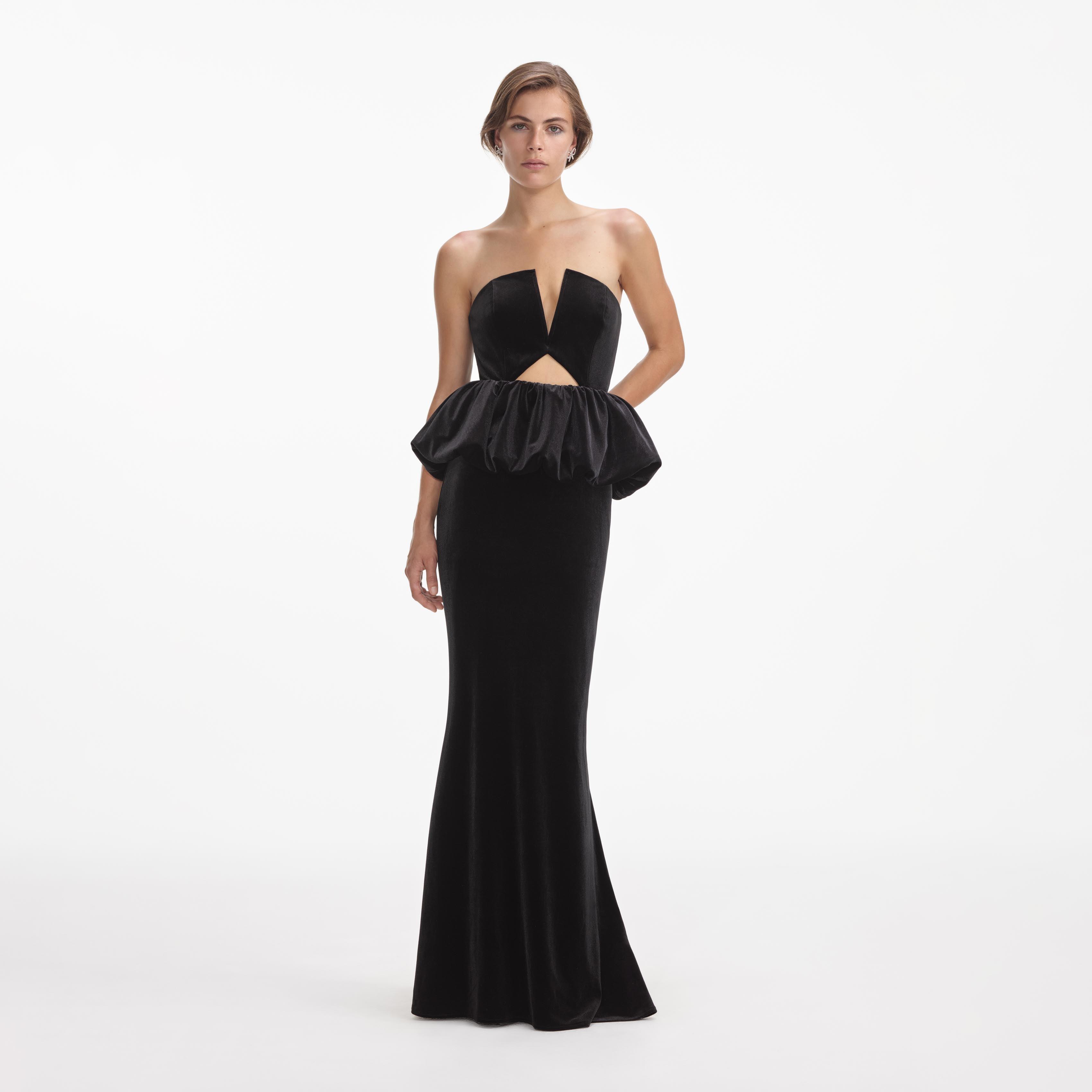 Black Velvet Peplum Maxi Dress Product Image