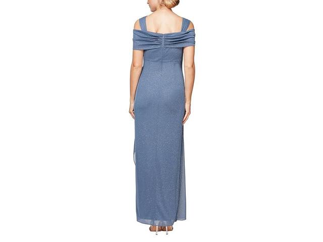 Alex Evenings Glitter Mesh Cowl Neck Cold Shoulder Cap Sleeve Side Slit Ruched Gown Product Image