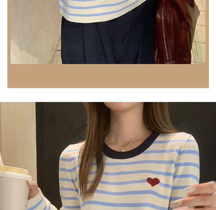 Long-Sleeve Crew Neck Striped Heart Embroidered Contrast Trim Slim Fit T-Shirt Product Image