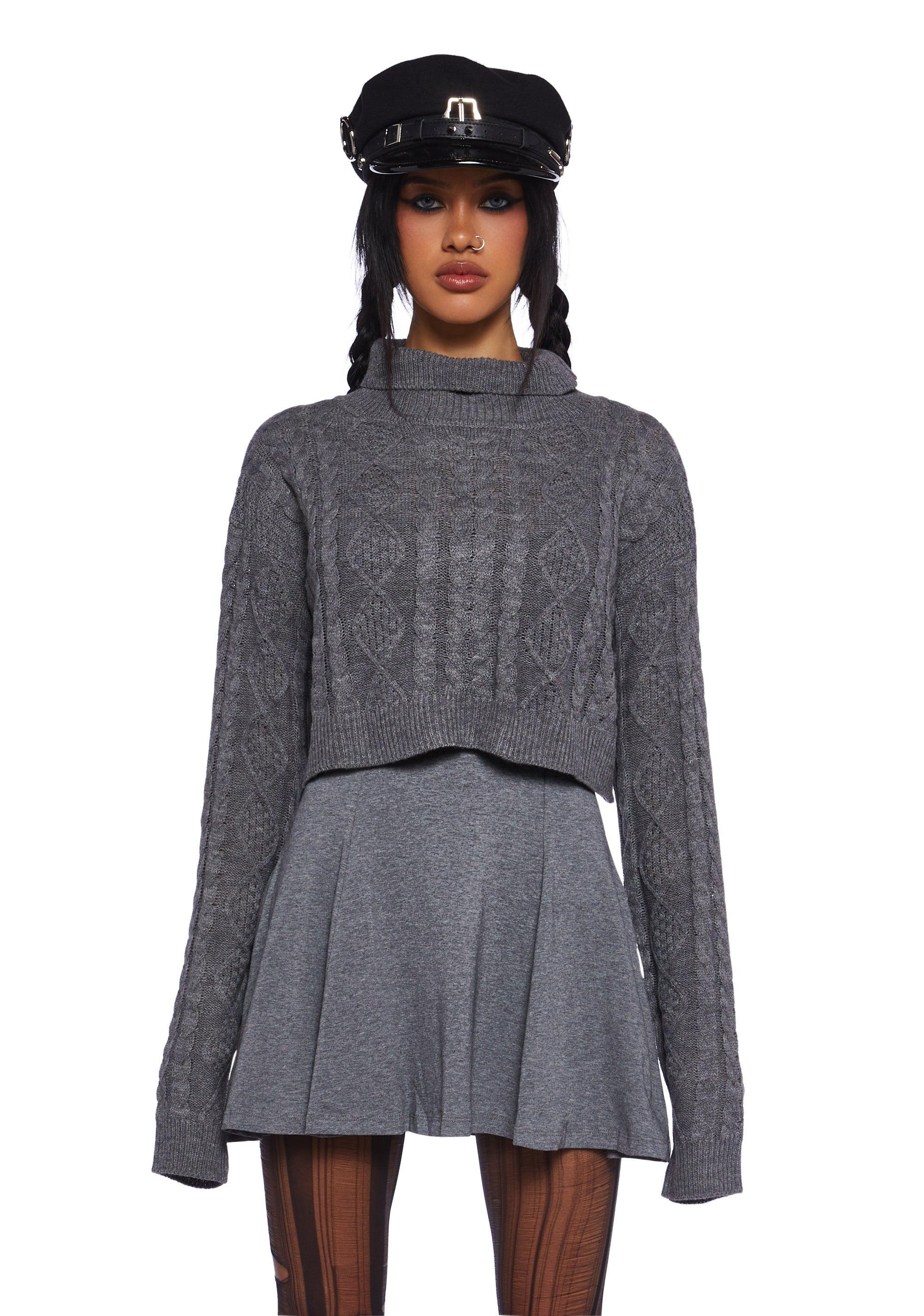 Current Mood Punquetee Punk Rock Cropped Cable Knit Sweater And Jersey Knit Mini Dress Set - Gray Product Image