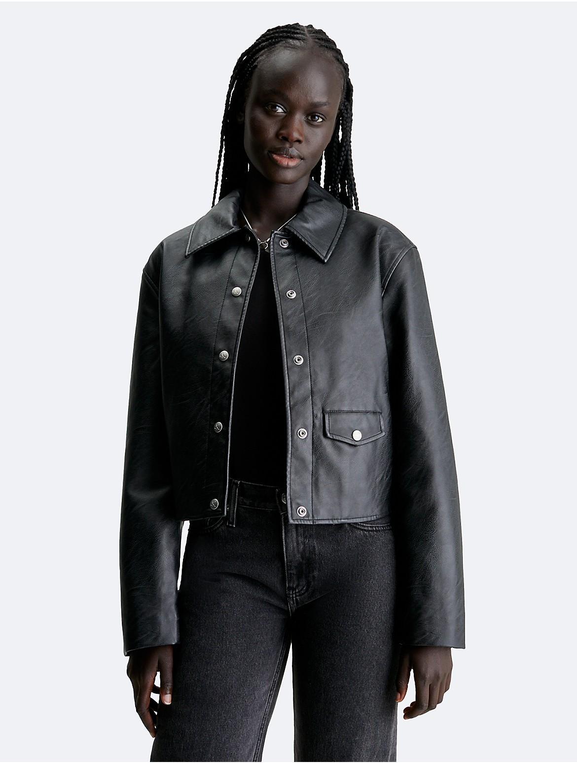 Calvin Klein Womens Faux Leather Shirt Jacket - Black - XXS Product Image