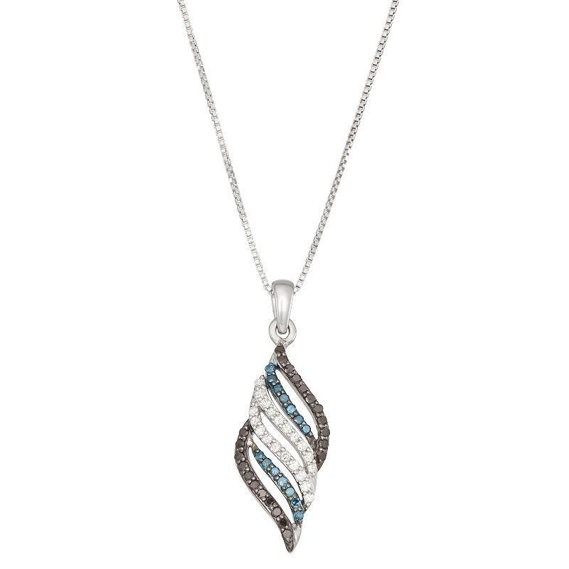 HDI Sterling Silver 1/3 Carat T.W. Diamond Blue & Black Diamond Drop Necklace Pendant, Womens Product Image