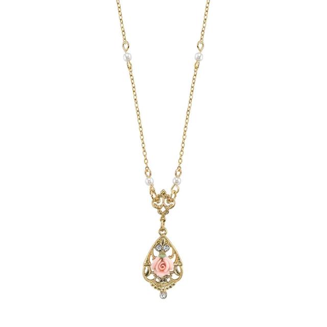 2028 Gold-Tone Crystal and Pink Porcelain Rose Simulated Pearl Necklace 17 Product Image