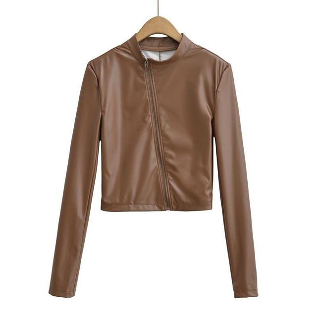 Stand Collar Plain Faux Leather Crop Zip Jacket Product Image