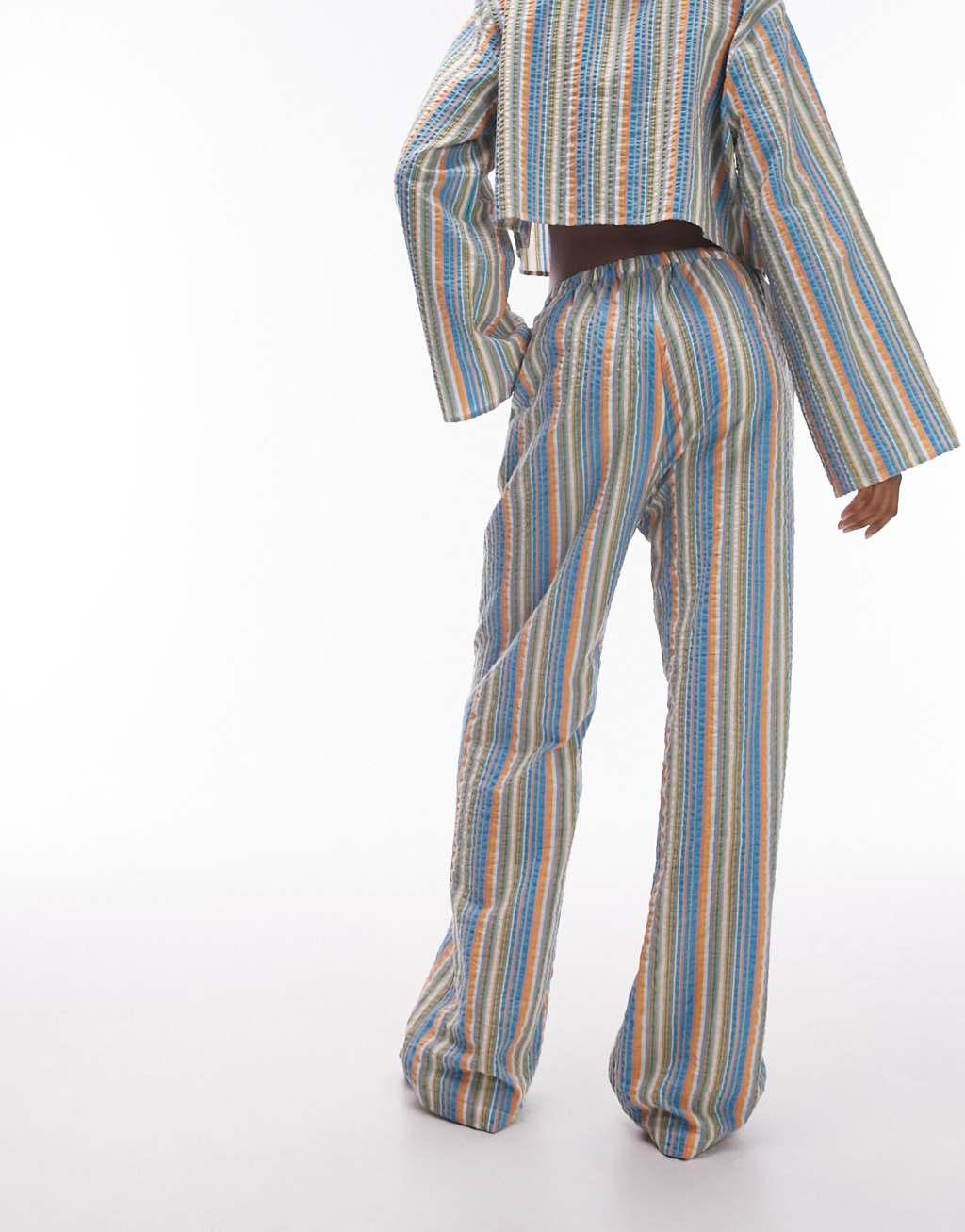 Topshop seersucker striped wide leg beach pants in multi - part of a set Product Image