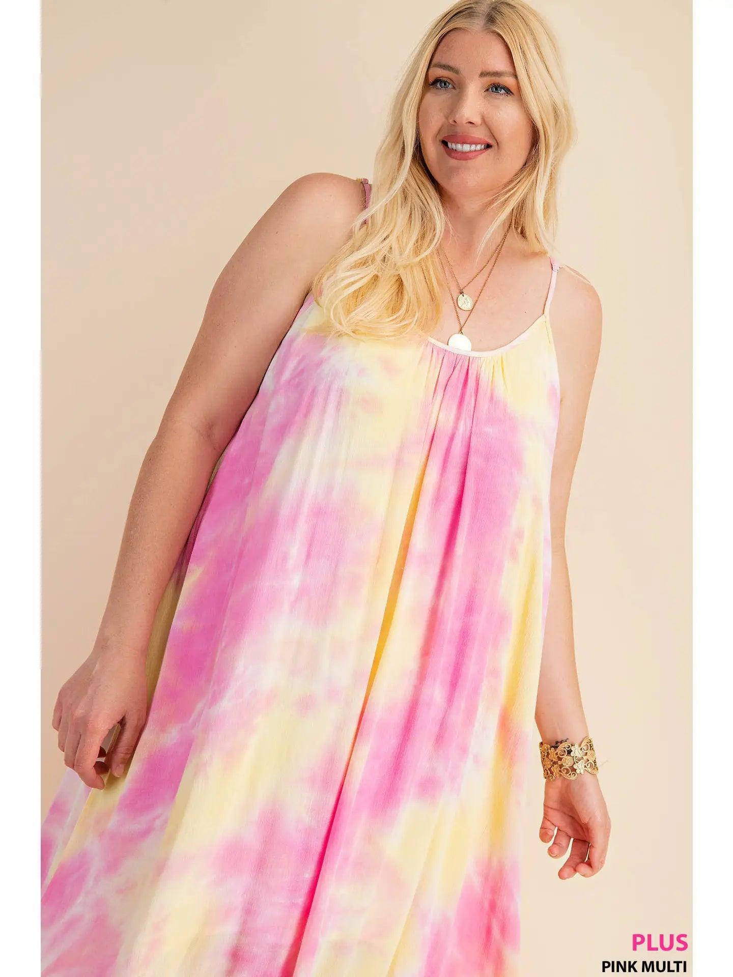 Pink and Yellow Soft Tie-Dye Fabrication Strappy Maxi Dress Product Image