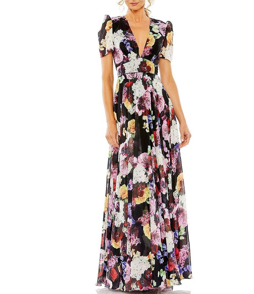 Mac Duggal Floral V-Neck Short Sleeve A-Line Gown Product Image