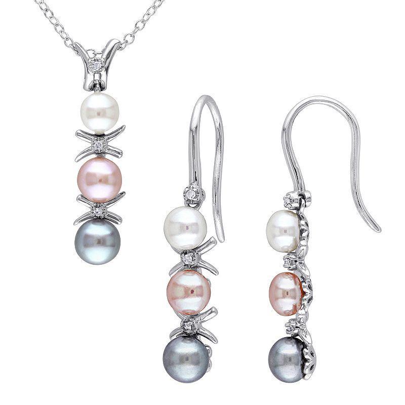 Stella Grace Multicolor Freshwater Cultured Pearl & Diamond Accent Drop Necklace & Earring Set, Womens Sterling Product Image