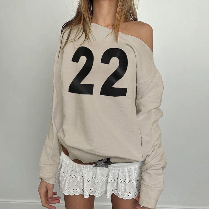 One Shoulder Numbering Print Sweatshirt Product Image