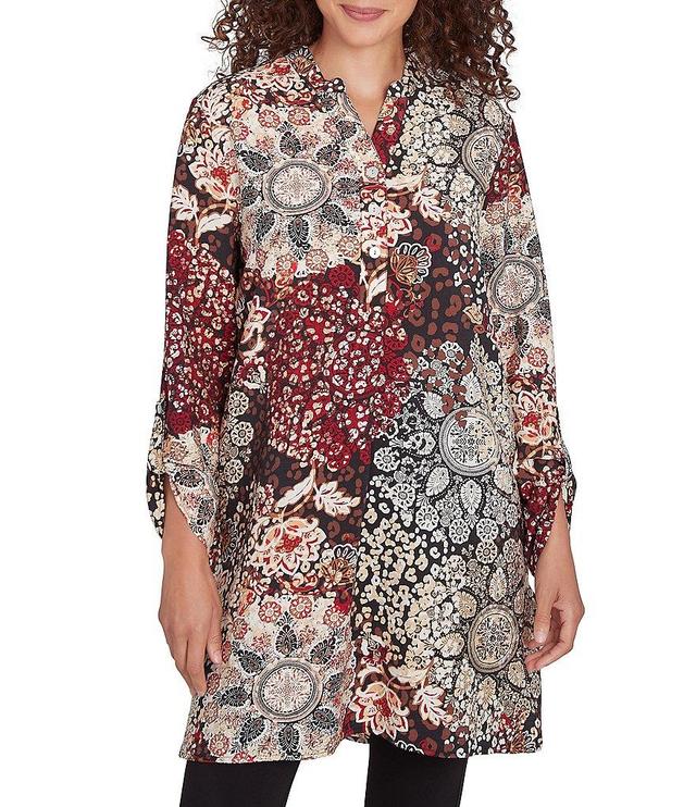 Ruby Rd. Woven Voile Floral Band Split Neck Long Roll-Tab Sleeve Tunic Product Image