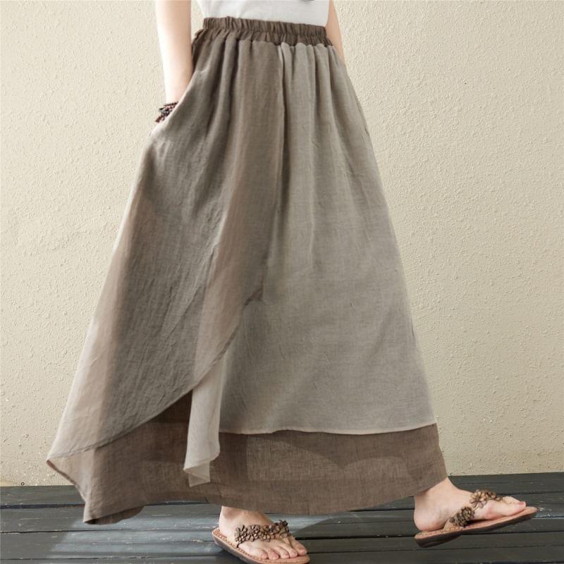 High Rise Two Tone Asymmetrical Maxi A-Line Skirt Product Image