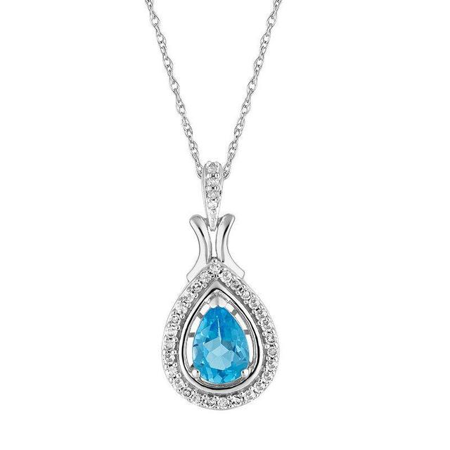 10k White Gold Swiss Blue Topaz & 1/6 Carat T.W. Diamond Teardrop Pendant Necklace, Womens 10k Whgold Product Image