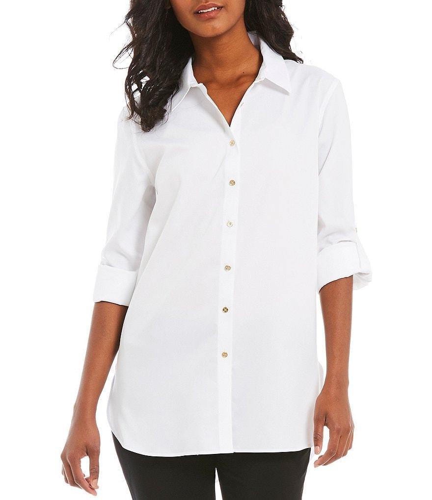 Calvin Klein Point Collar Non-Iron High-Low Long Roll-Tab Sleeve Blouse Product Image