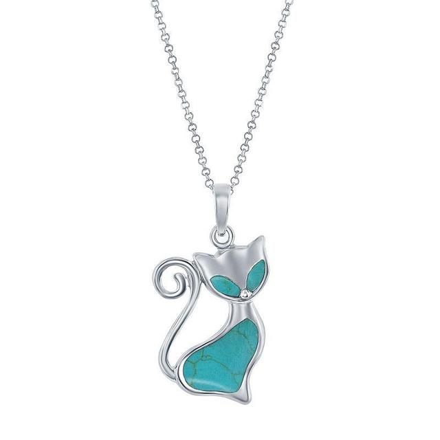 Sterling Silver Simulated Turquoise Cat Necklace, Womens Product Image