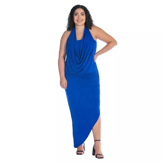 Plus Size 24Seven Comfort Cowlneck Long Asymmetrical Backless Halter Dress, Womens Blue Product Image