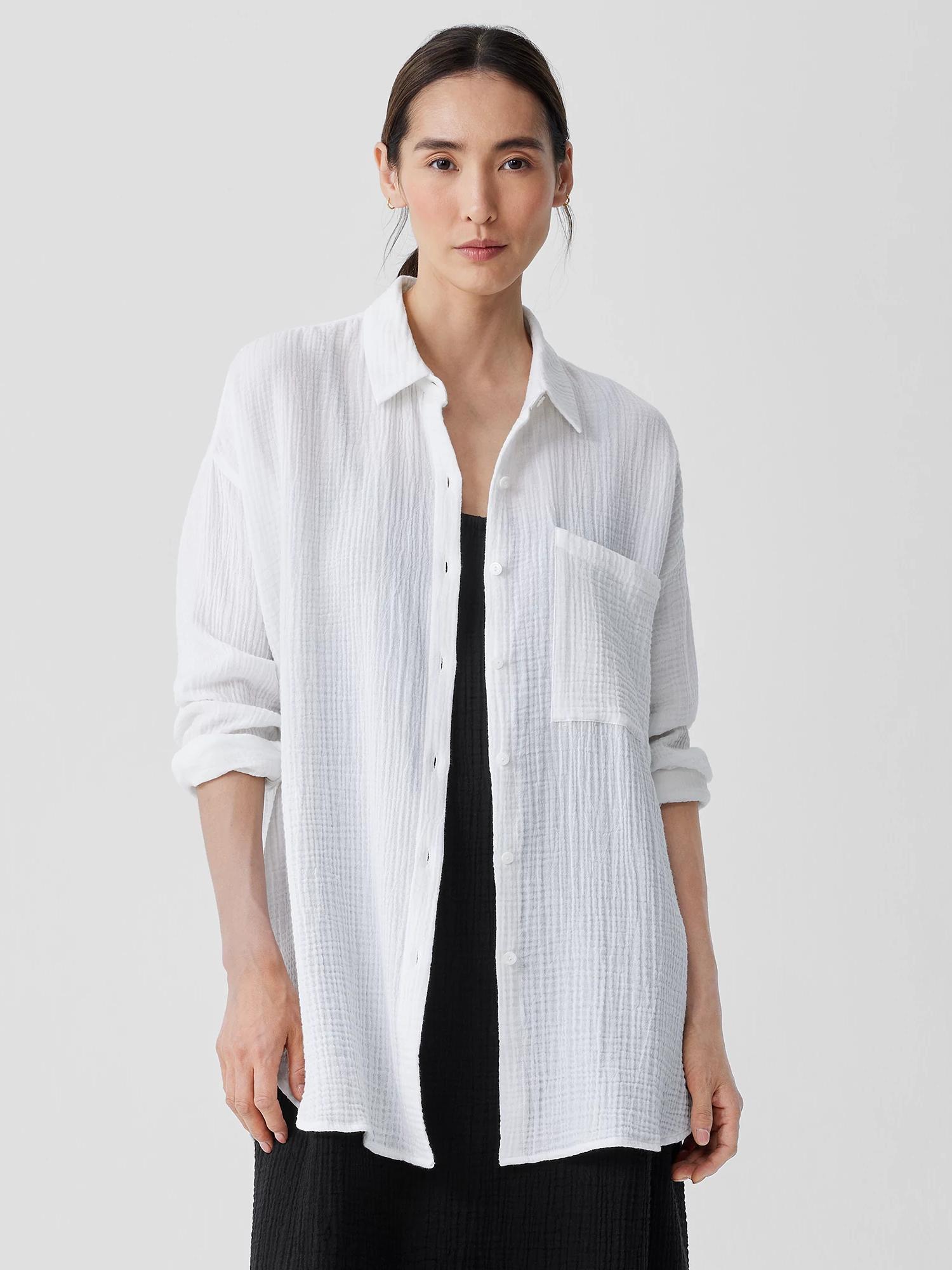 EILEEN FISHER Organic Cotton Lofty Gauze Classic Collar Long Shirtfemale Product Image