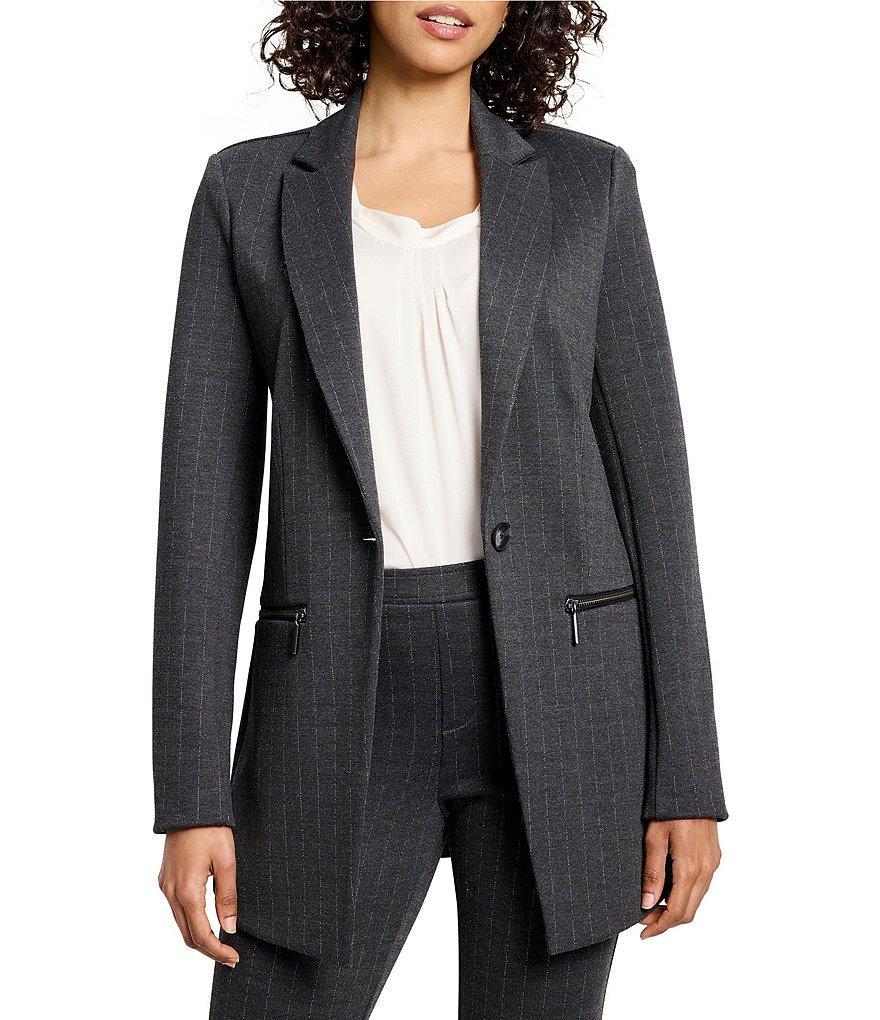 NIC + ZOE Pinstripe Ponte Notch Lapel Collar Long Sleeve Zip Pocketed One Button-Front Blazer Product Image