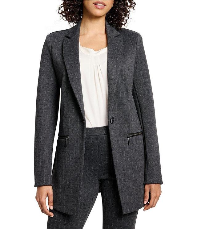 NIC + ZOE Pinstripe Ponte Notch Lapel Collar Long Sleeve Zip Pocketed One Button-Front Blazer Product Image