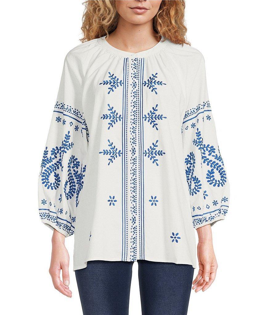 Calessa Embroidered Crew Neck 3/4 Sleeve Tunic Product Image