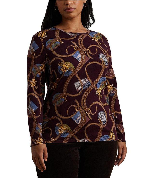 Lauren Ralph Lauren Plus Size Belting-Print Stretch Crew Neck Long Sleeve Tee Product Image