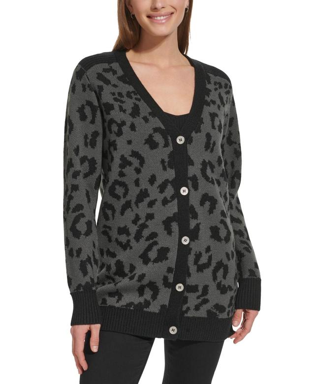 Dkny Jeans Womens Animal-Print Long-Sleeve Cardigan Sweater - Granite Product Image