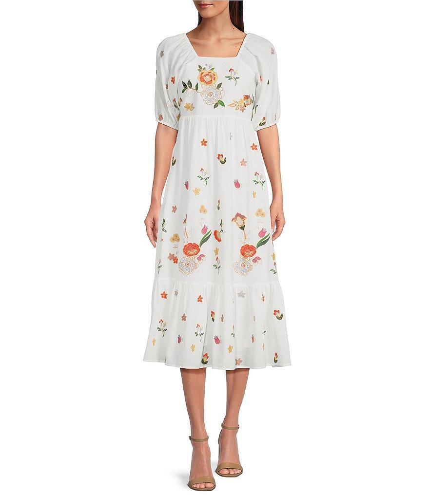 Reba Off-The-Shoulder Short Sleeve Smocked Back Floral Embroidered A-Line Midi Dress Product Image