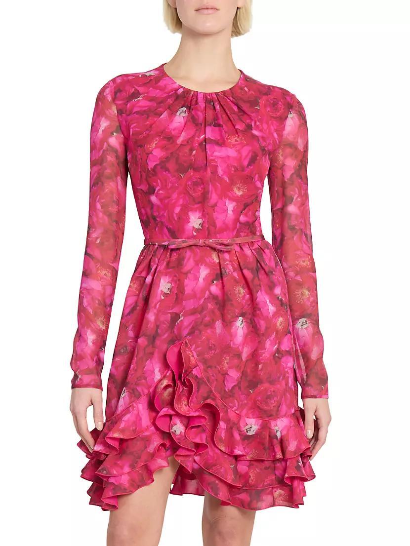 Floral Silk Long-Sleeve Minidress Product Image