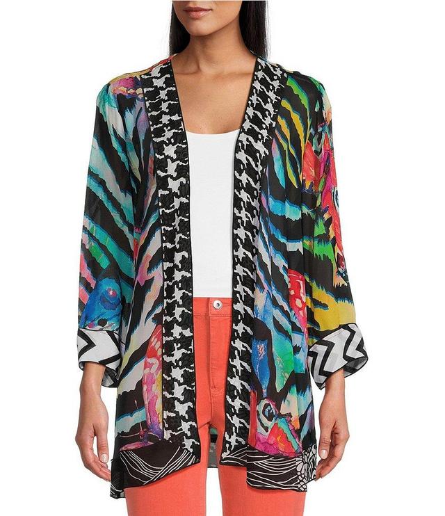 John Mark Petite Size Mixed Print 3/4 Cuffed Sleeve Asymmetrical Hem Open-Front Woven Kimono Product Image