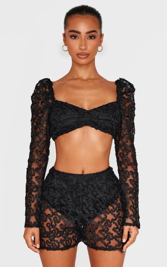 Petite Black Textured Woven Mesh Sleeve Crop Top  Product Image